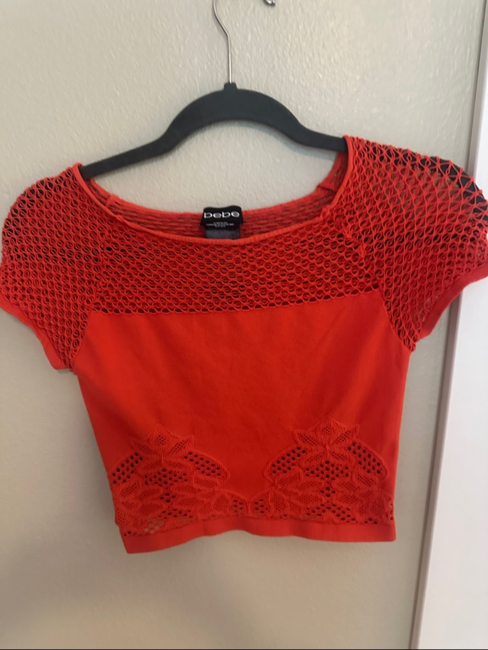 bebe Red Cropped Knit Top with Mesh Yoke